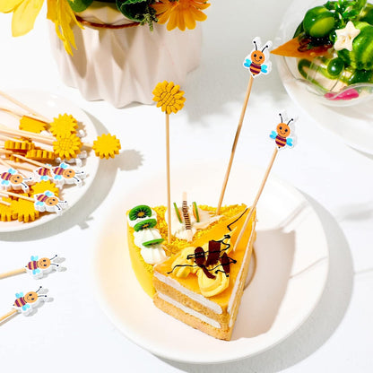 100 Pcs Summer Bee Sunflower Cocktail Picks Bee Cupcake Toppers Sunflower Bamboo Toothpicks Cute Decorative Appetizer Skewers for Cake Decorations Baby Shower Birthday Party Supplies