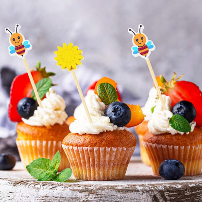 100 Pcs Summer Bee Sunflower Cocktail Picks Bee Cupcake Toppers Sunflower Bamboo Toothpicks Cute Decorative Appetizer Skewers for Cake Decorations Baby Shower Birthday Party Supplies