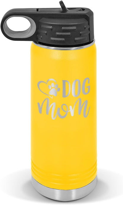 Dog Mom Paw Heart Water Bottle 20 oz - Laser Engraved w/Flip Top Removable Straw - Polar Camel - Stainless - Vacuum Insulated - Drinkware - Love Pets Animals Dogs Canine