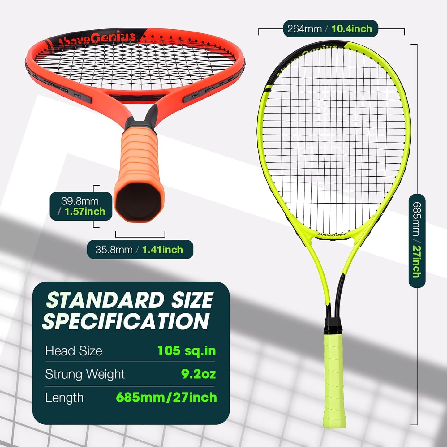 Neon Tennis Rackets 2 Pack for Adults- 27" Lightweight Aluminum Tennis Racquet Set with 3 Balls & Bag- Vibrant High-Visibility Matte Finish for Men Women Beginners
