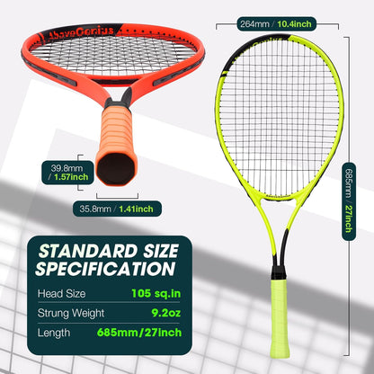 Neon Tennis Rackets 2 Pack for Adults- 27" Lightweight Aluminum Tennis Racquet Set with 3 Balls & Bag- Vibrant High-Visibility Matte Finish for Men Women Beginners