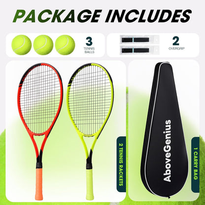 Neon Tennis Rackets 2 Pack for Adults- 27" Lightweight Aluminum Tennis Racquet Set with 3 Balls & Bag- Vibrant High-Visibility Matte Finish for Men Women Beginners