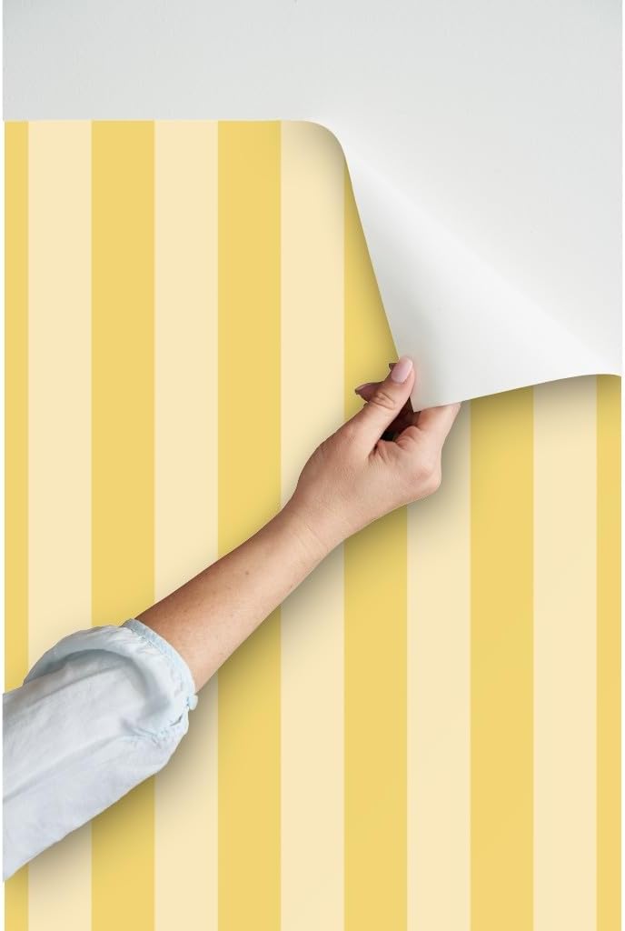 Yellow Stripes Peel and Stick Wallpaper | Roll 24" x 36" | Wide Stripe Pastel Bright Bold Dramatic | Self-adhesive, removable and renter-friendly