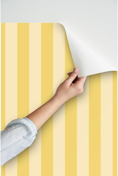Yellow Stripes Peel and Stick Wallpaper | Roll 24" x 36" | Wide Stripe Pastel Bright Bold Dramatic | Self-adhesive, removable and renter-friendly