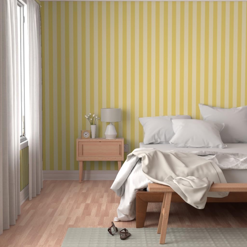 Yellow Stripes Peel and Stick Wallpaper | Roll 24" x 36" | Wide Stripe Pastel Bright Bold Dramatic | Self-adhesive, removable and renter-friendly