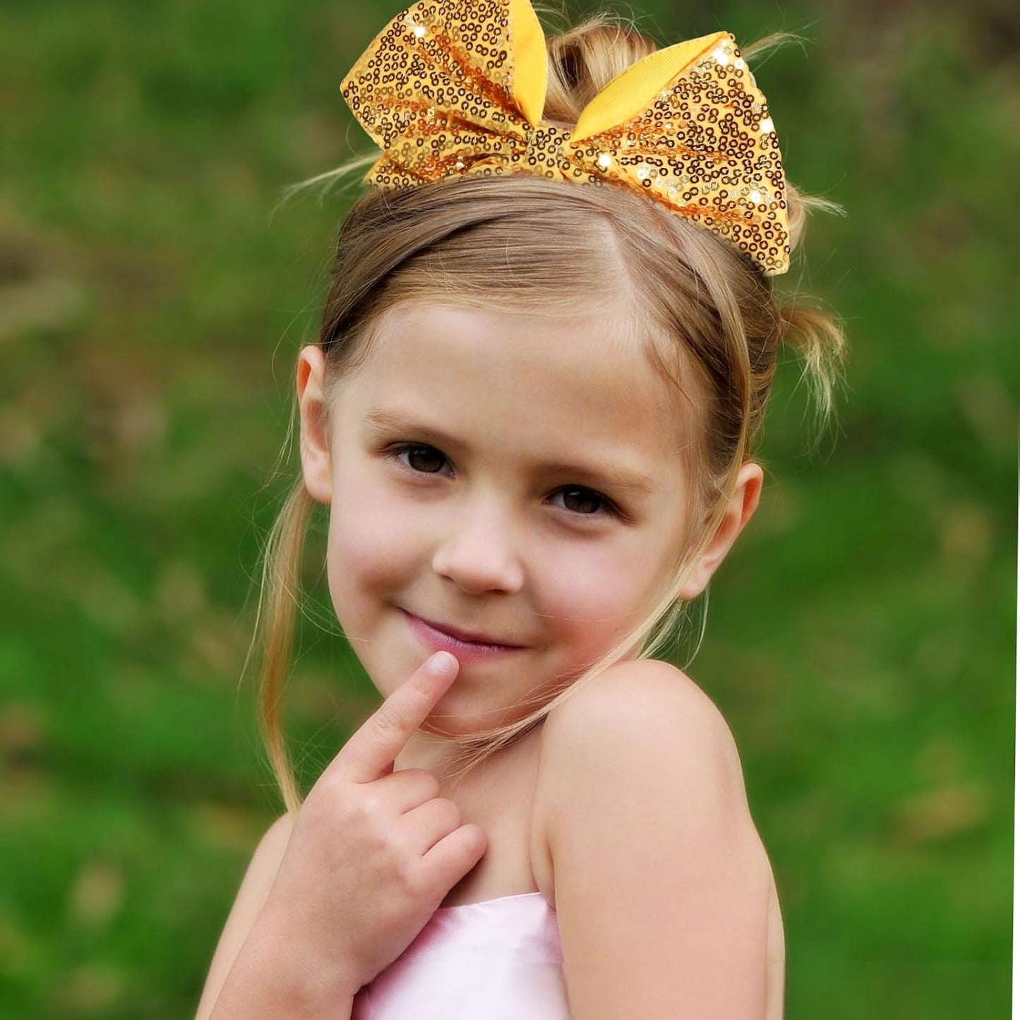 7 Inch Sequin Yellow Cheer Bow Elastic Hair Tie, Large Glitter Hair Bow Ribbon Scrunchies, Cheerleading Ponytail Holders Hair Accessories Gift for Teen Girls Sports Women (Gold Yellow)