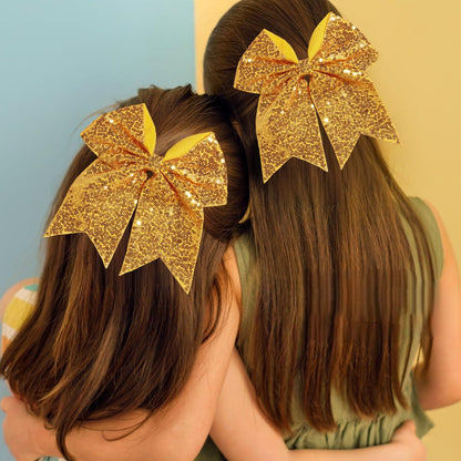 7 Inch Sequin Yellow Cheer Bow Elastic Hair Tie, Large Glitter Hair Bow Ribbon Scrunchies, Cheerleading Ponytail Holders Hair Accessories Gift for Teen Girls Sports Women (Gold Yellow)
