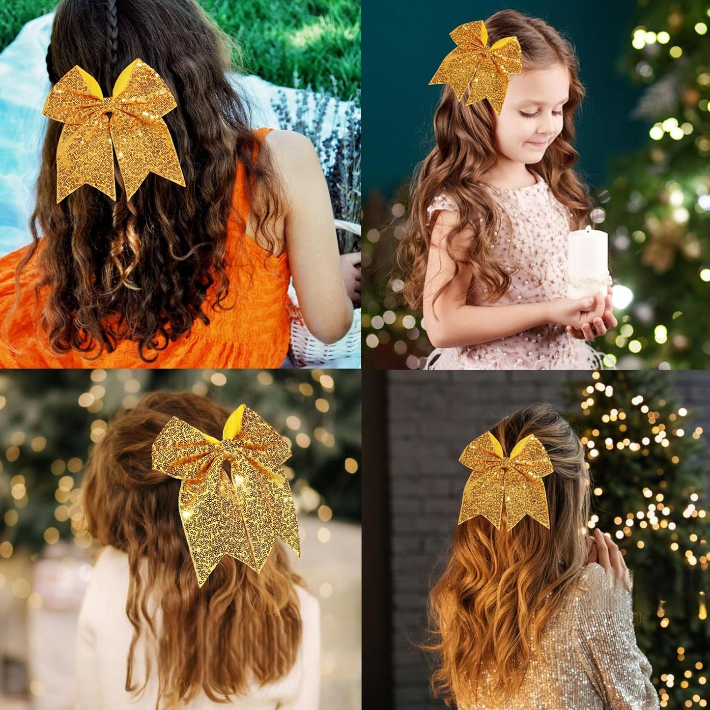 7 Inch Sequin Yellow Cheer Bow Elastic Hair Tie, Large Glitter Hair Bow Ribbon Scrunchies, Cheerleading Ponytail Holders Hair Accessories Gift for Teen Girls Sports Women (Gold Yellow)