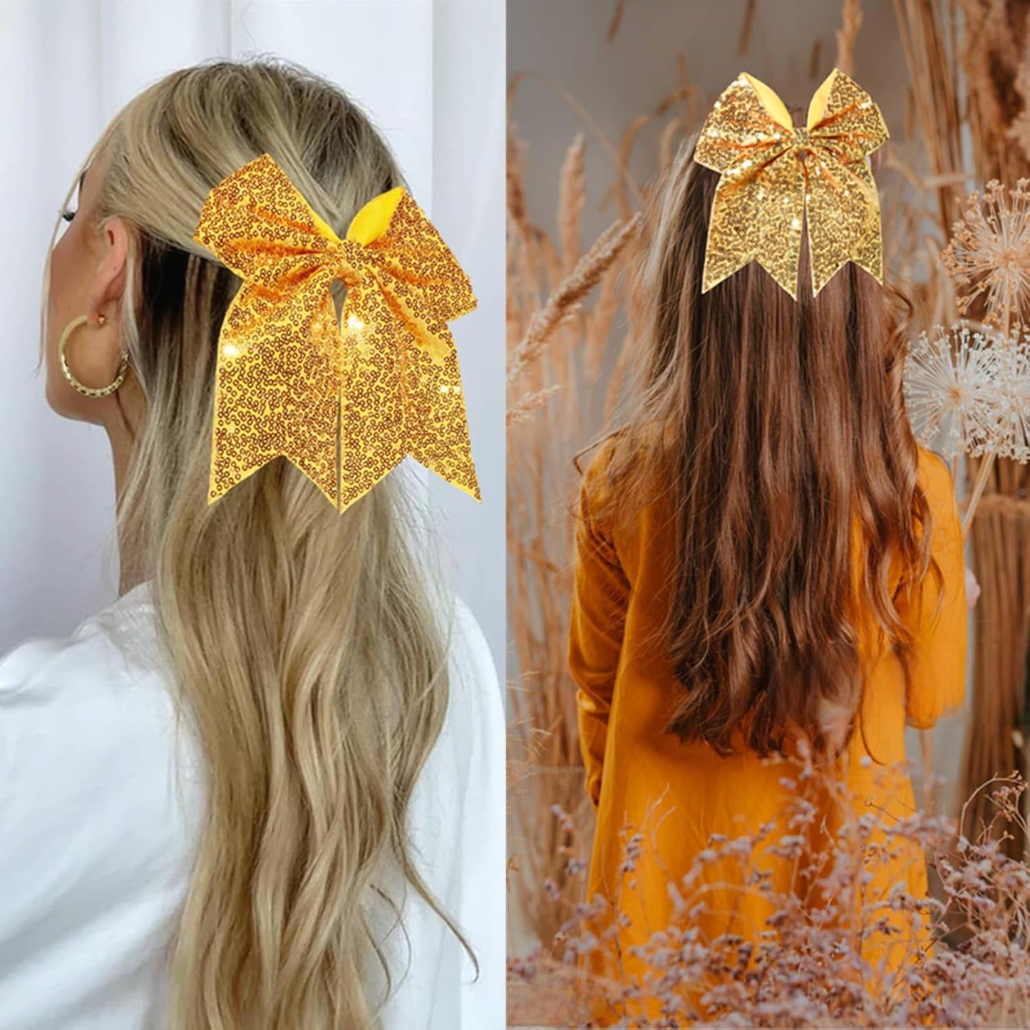 7 Inch Sequin Yellow Cheer Bow Elastic Hair Tie, Large Glitter Hair Bow Ribbon Scrunchies, Cheerleading Ponytail Holders Hair Accessories Gift for Teen Girls Sports Women (Gold Yellow)