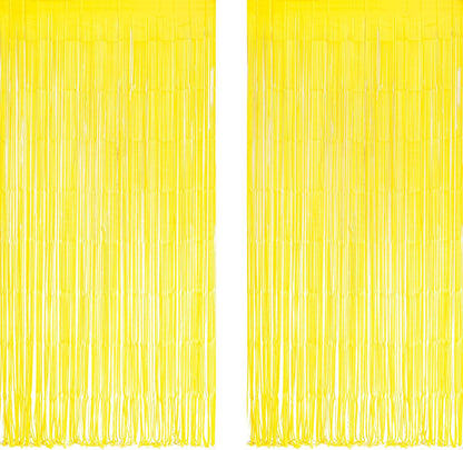 Yellow Streamers Party Backdrop - Foil Fringe for Pineapple/Lemon/Truck/Race Birthdays Party Decoration - 3.2ft X 8.2ft - 2 Packs
