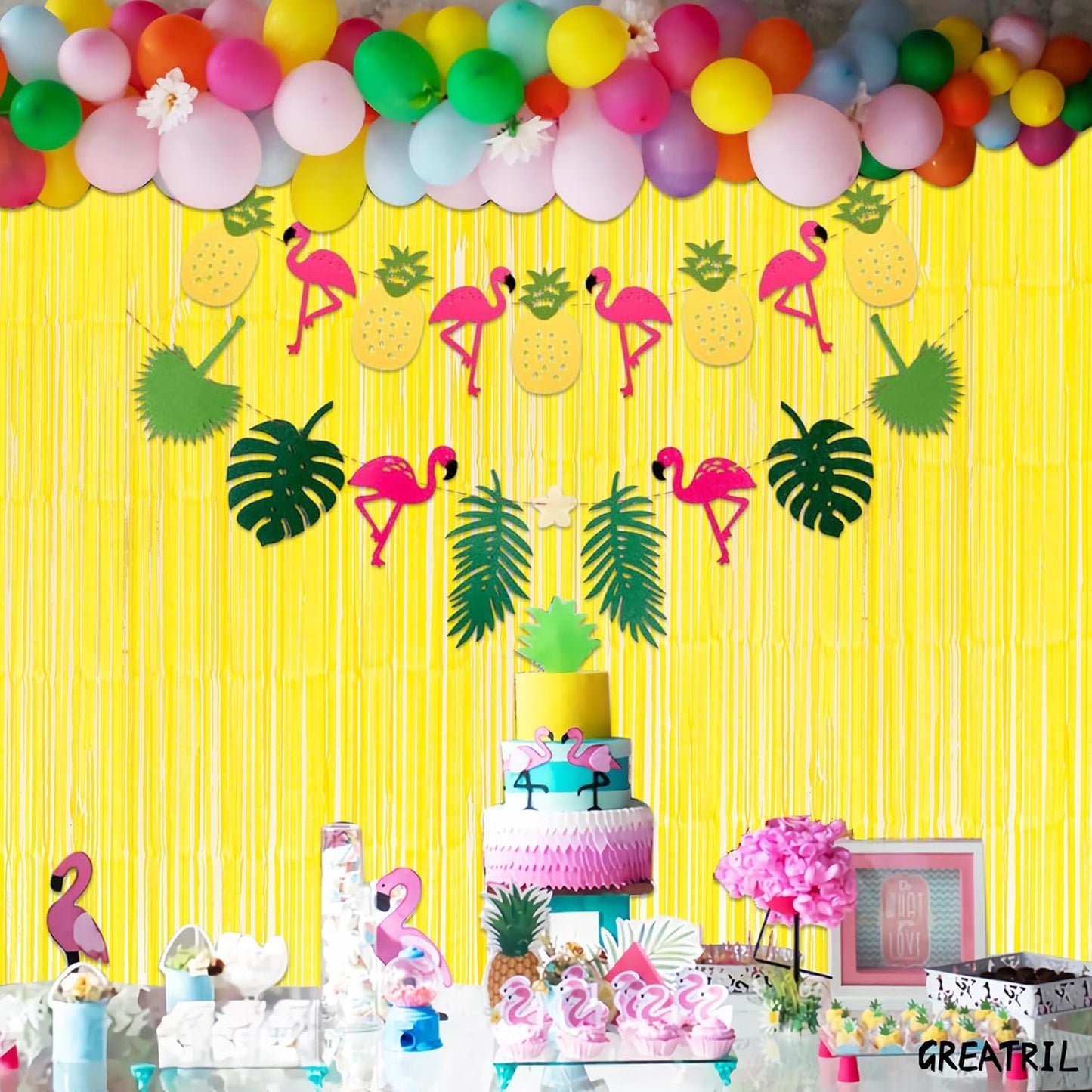 Yellow Streamers Party Backdrop - Foil Fringe for Pineapple/Lemon/Truck/Race Birthdays Party Decoration - 3.2ft X 8.2ft - 2 Packs