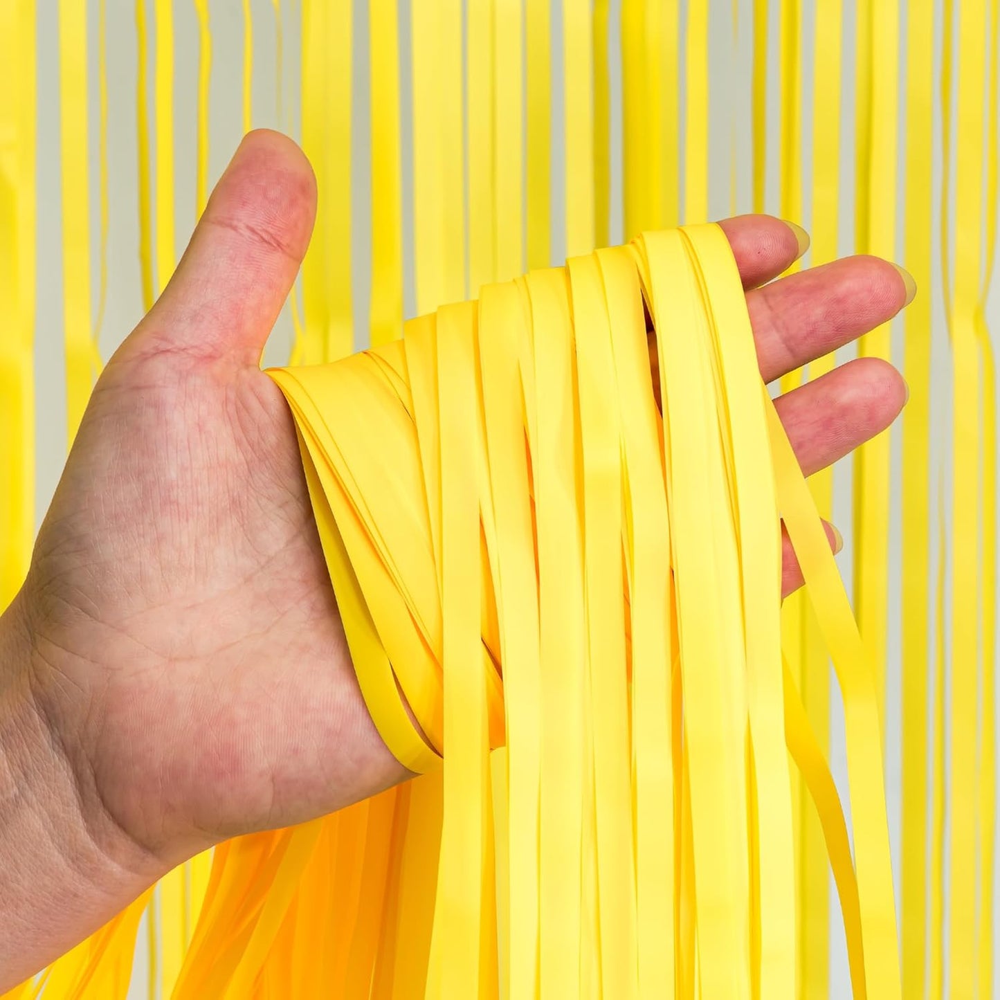 Yellow Streamers Party Backdrop - Foil Fringe for Pineapple/Lemon/Truck/Race Birthdays Party Decoration - 3.2ft X 8.2ft - 2 Packs