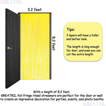 Yellow Streamers Party Backdrop - Foil Fringe for Pineapple/Lemon/Truck/Race Birthdays Party Decoration - 3.2ft X 8.2ft - 2 Packs