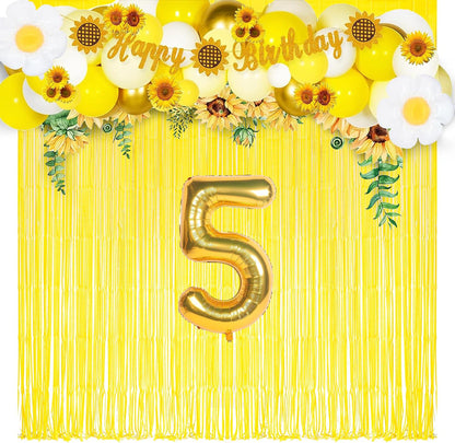 Yellow Streamers Party Backdrop - Foil Fringe for Pineapple/Lemon/Truck/Race Birthdays Party Decoration - 3.2ft X 8.2ft - 2 Packs