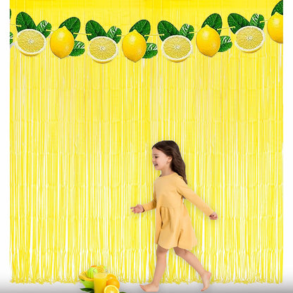 Yellow Streamers Party Backdrop - Foil Fringe for Pineapple/Lemon/Truck/Race Birthdays Party Decoration - 3.2ft X 8.2ft - 2 Packs