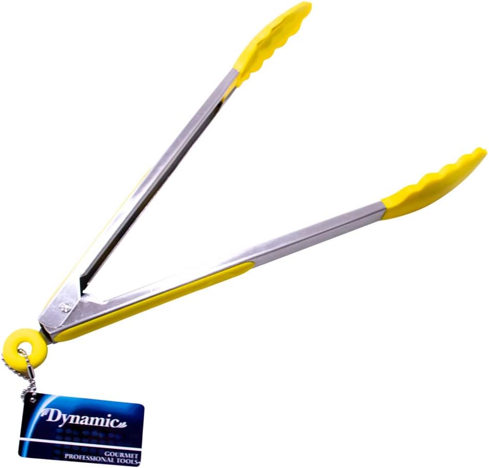 Dynamic 12" Locking Tongs With Silicone Heads, Yellow