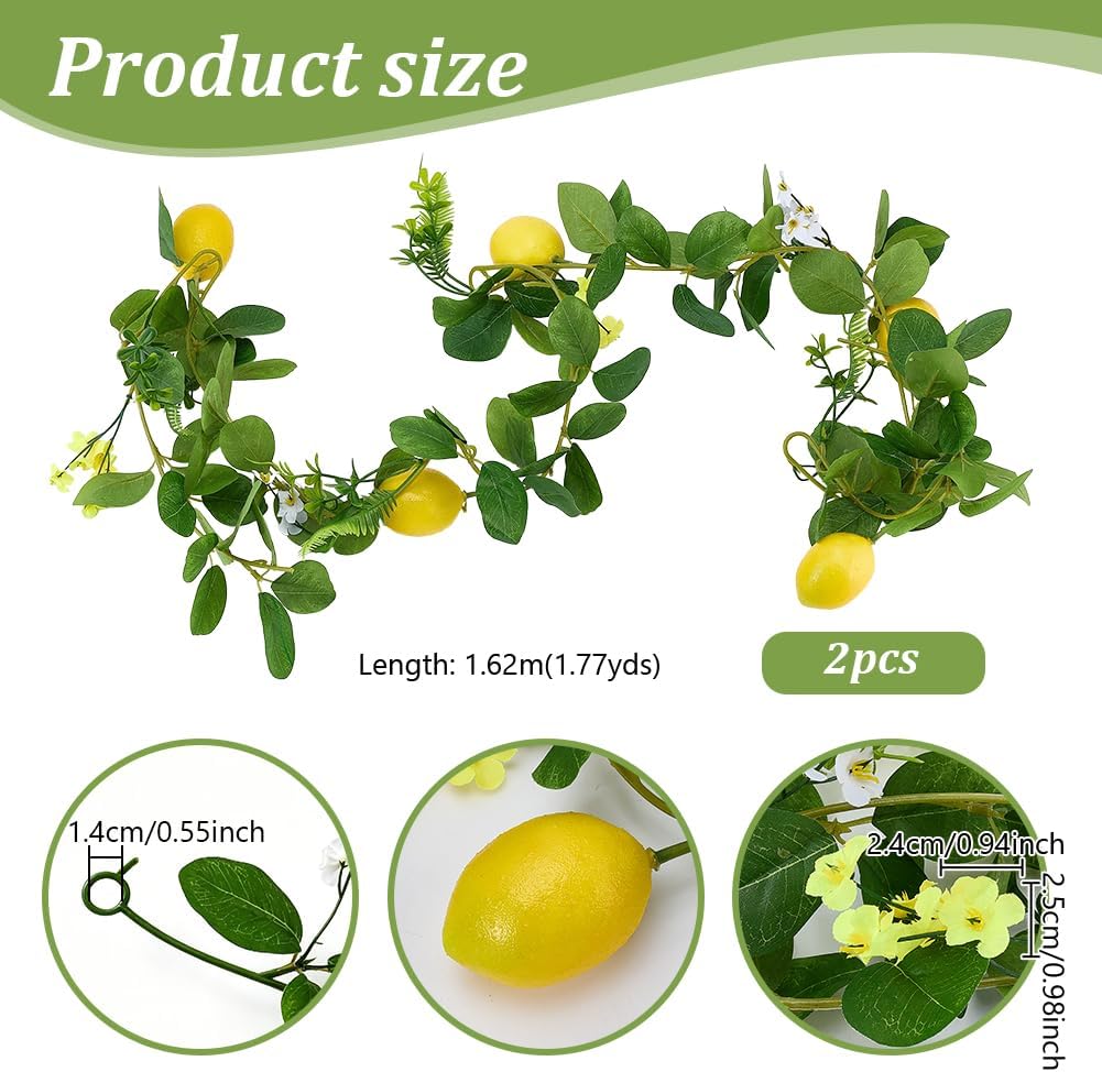 2Pcs 63.8 inch Artificial Lemon Garland Lemon Wreath Decor Lemons Wedding Garland, Yellow Lemons Vines Garlands for Door Garlands Wreath for Kitchen Party Table Wedding Decor Wall