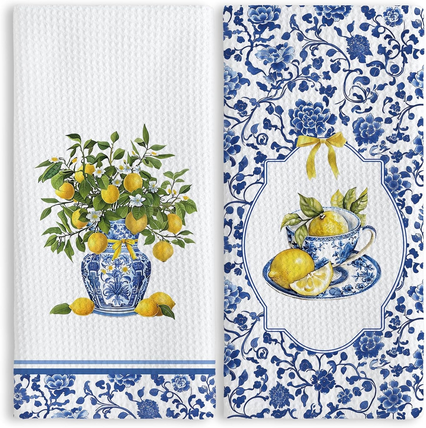 Blue and White Lemon Floral Kitchen Towels 16x24 Inch, Summer Mediterranean Lemon Dish Tea Towels for Kitchen, Chinoiserie Fruit Flower Decorative Hand Towel for Bathroom Decor, Set of 2