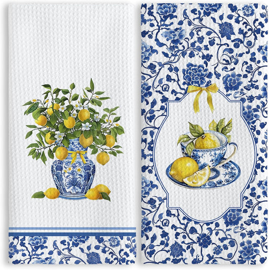 Blue and White Lemon Floral Kitchen Towels 16x24 Inch, Summer Mediterranean Lemon Dish Tea Towels for Kitchen, Chinoiserie Fruit Flower Decorative Hand Towel for Bathroom Decor, Set of 2