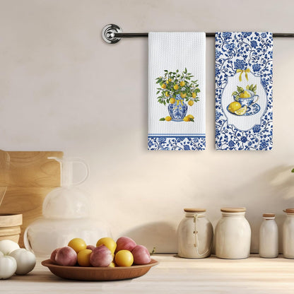 Blue and White Lemon Floral Kitchen Towels 16x24 Inch, Summer Mediterranean Lemon Dish Tea Towels for Kitchen, Chinoiserie Fruit Flower Decorative Hand Towel for Bathroom Decor, Set of 2