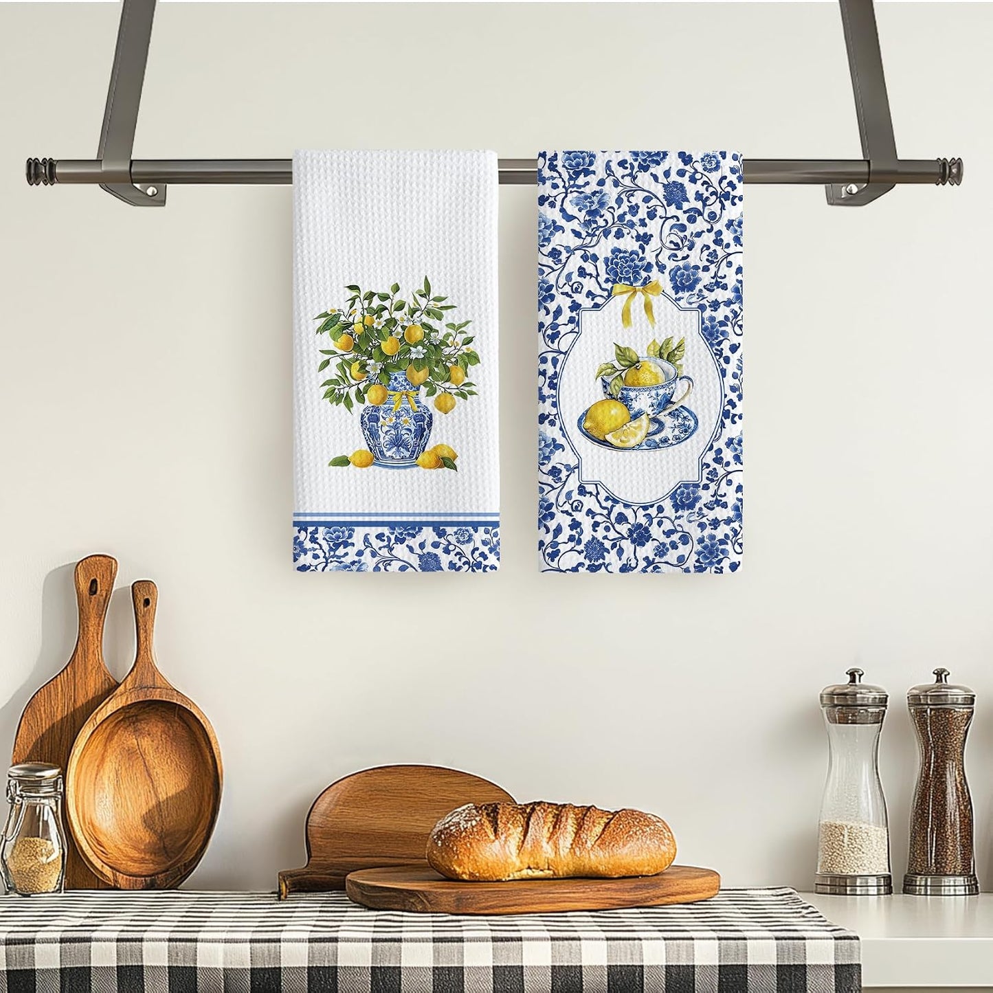Blue and White Lemon Floral Kitchen Towels 16x24 Inch, Summer Mediterranean Lemon Dish Tea Towels for Kitchen, Chinoiserie Fruit Flower Decorative Hand Towel for Bathroom Decor, Set of 2
