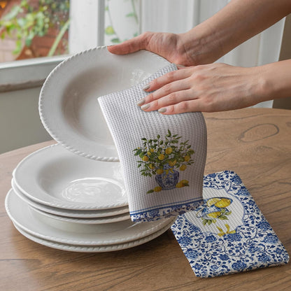 Blue and White Lemon Floral Kitchen Towels 16x24 Inch, Summer Mediterranean Lemon Dish Tea Towels for Kitchen, Chinoiserie Fruit Flower Decorative Hand Towel for Bathroom Decor, Set of 2