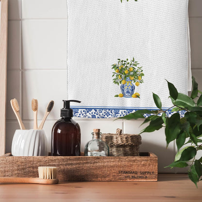 Blue and White Lemon Floral Kitchen Towels 16x24 Inch, Summer Mediterranean Lemon Dish Tea Towels for Kitchen, Chinoiserie Fruit Flower Decorative Hand Towel for Bathroom Decor, Set of 2