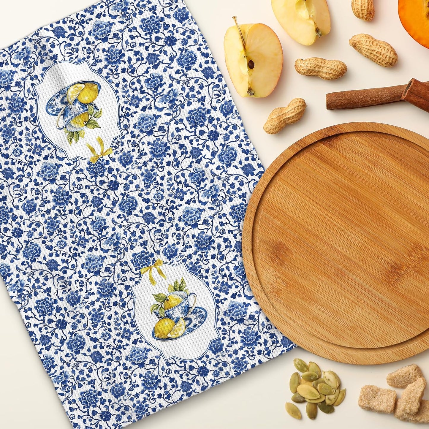 Blue and White Lemon Floral Kitchen Towels 16x24 Inch, Summer Mediterranean Lemon Dish Tea Towels for Kitchen, Chinoiserie Fruit Flower Decorative Hand Towel for Bathroom Decor, Set of 2