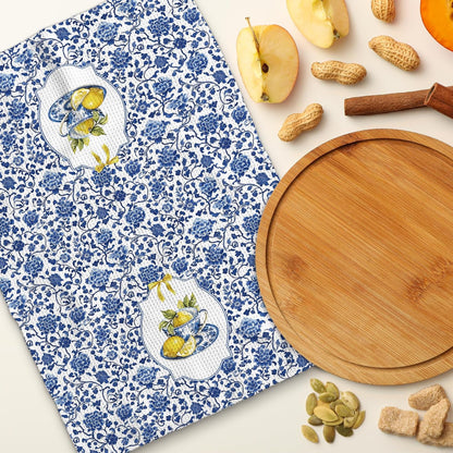 Blue and White Lemon Floral Kitchen Towels 16x24 Inch, Summer Mediterranean Lemon Dish Tea Towels for Kitchen, Chinoiserie Fruit Flower Decorative Hand Towel for Bathroom Decor, Set of 2