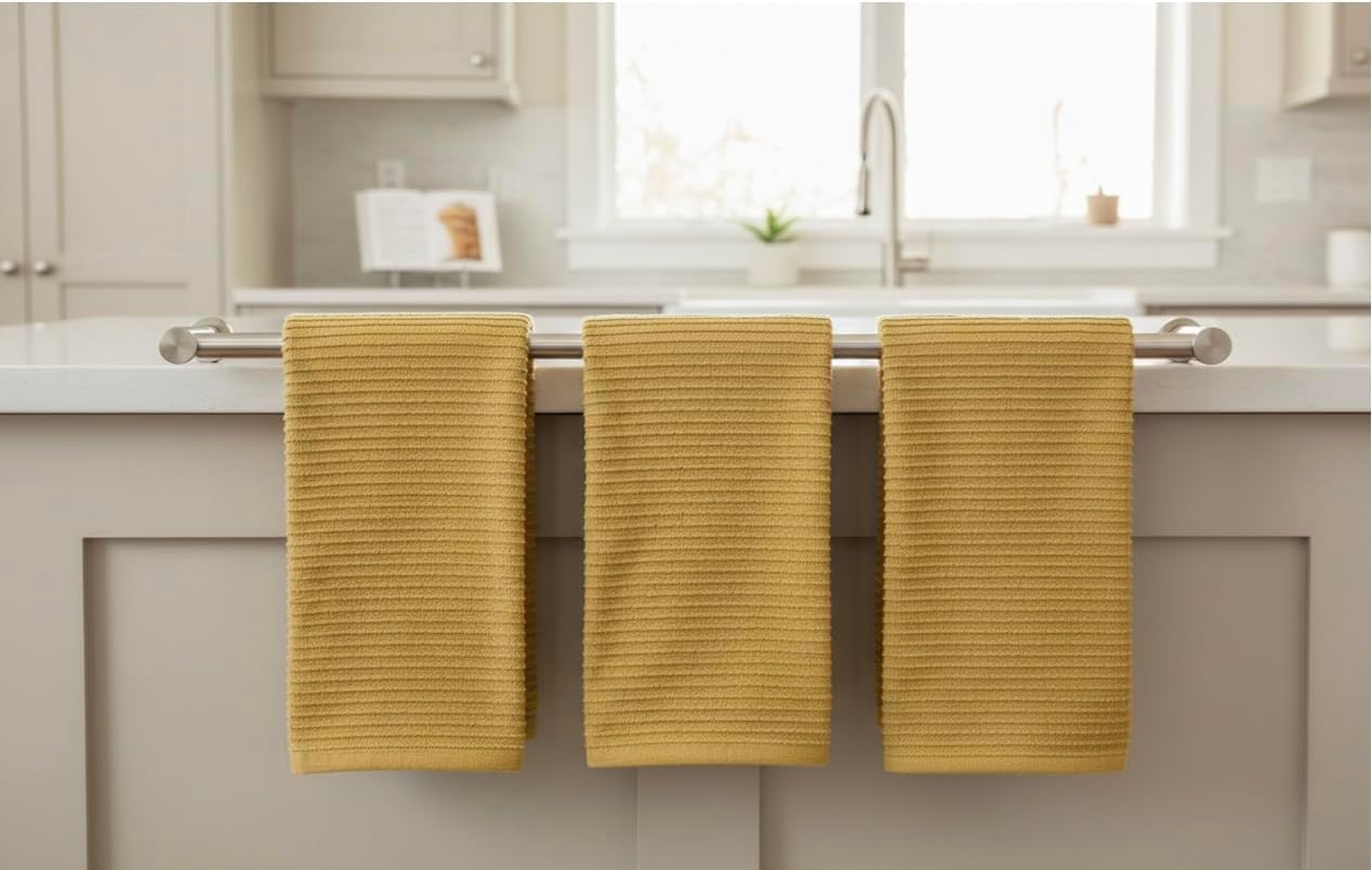 Mustard Yellow Ribbed Kitchen Dish Towels: 100% Cotton Cloth Soft Cleaning Drying Absorbent Terry Loop, Set of 3 Multipurpose for Everyday Use