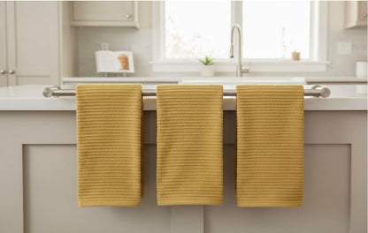 Mustard Yellow Ribbed Kitchen Dish Towels: 100% Cotton Cloth Soft Cleaning Drying Absorbent Terry Loop, Set of 3 Multipurpose for Everyday Use