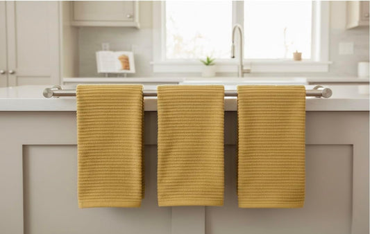 Mustard Yellow Ribbed Kitchen Dish Towels: 100% Cotton Cloth Soft Cleaning Drying Absorbent Terry Loop, Set of 3 Multipurpose for Everyday Use