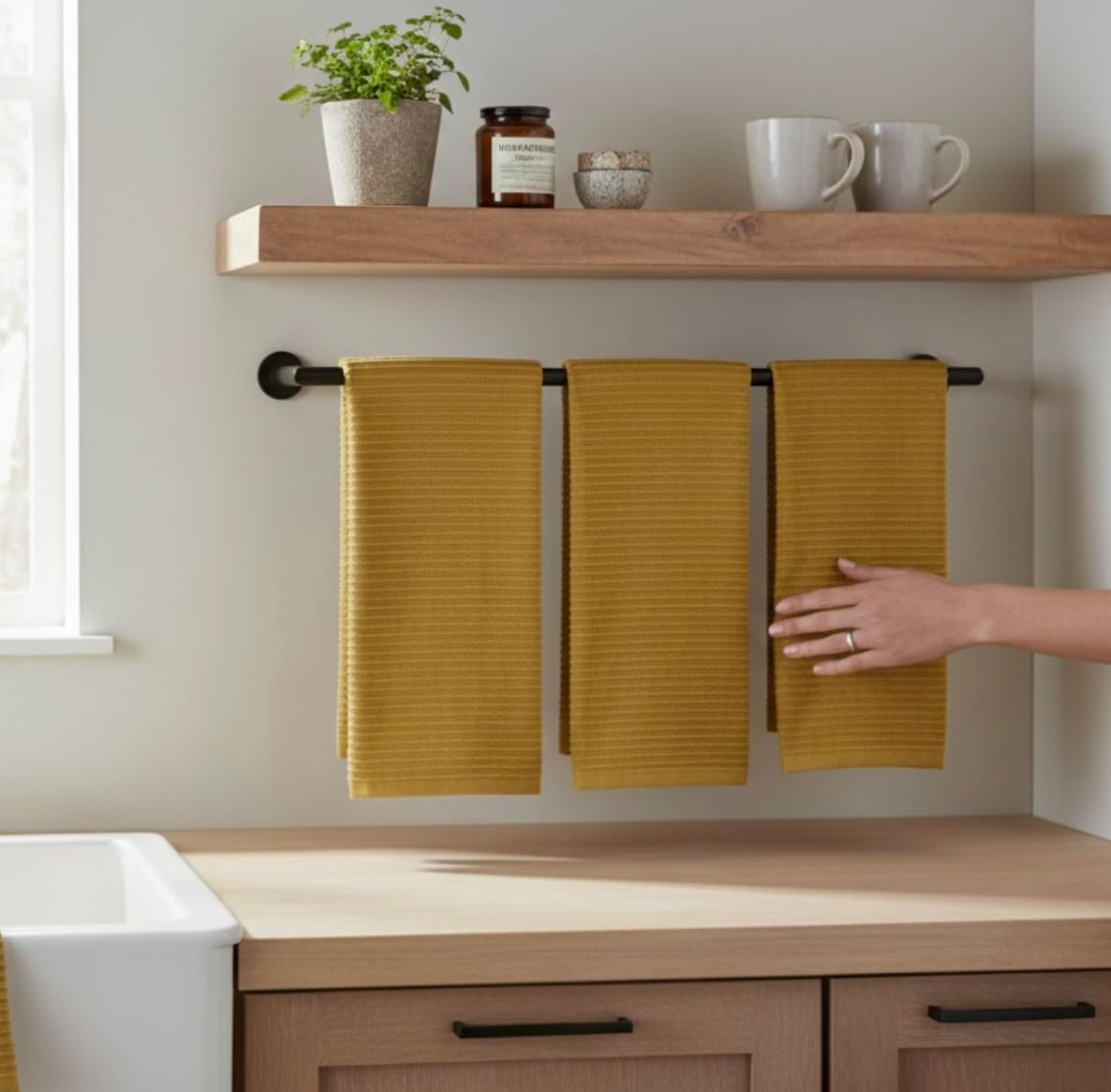 Mustard Yellow Ribbed Kitchen Dish Towels: 100% Cotton Cloth Soft Cleaning Drying Absorbent Terry Loop, Set of 3 Multipurpose for Everyday Use