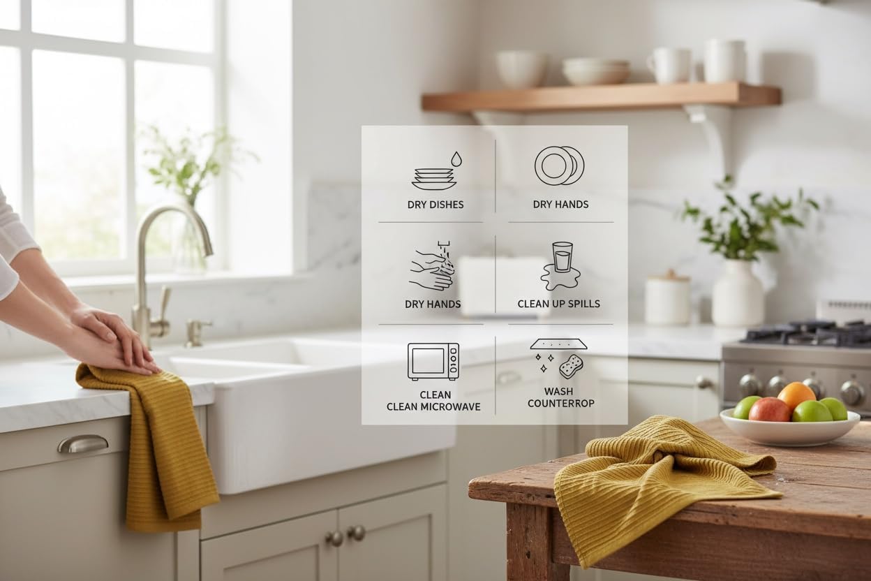 Mustard Yellow Ribbed Kitchen Dish Towels: 100% Cotton Cloth Soft Cleaning Drying Absorbent Terry Loop, Set of 3 Multipurpose for Everyday Use