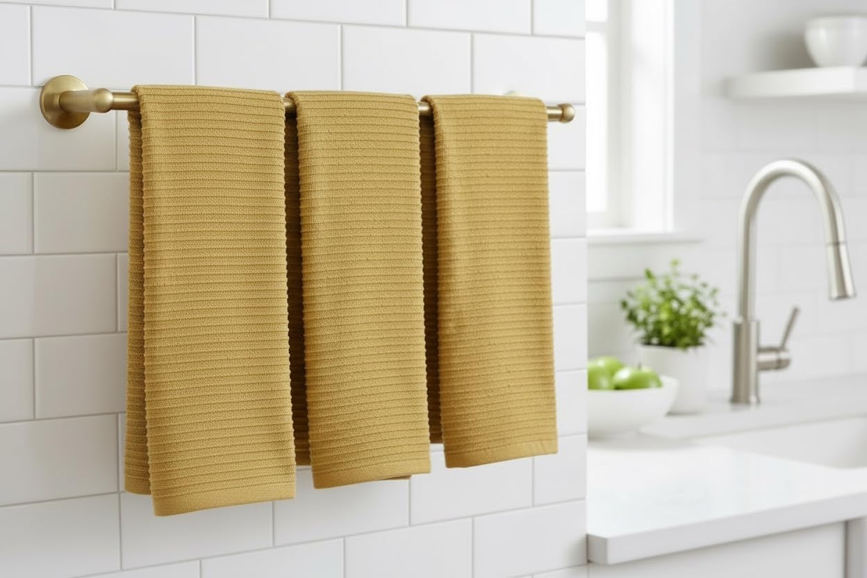 Mustard Yellow Ribbed Kitchen Dish Towels: 100% Cotton Cloth Soft Cleaning Drying Absorbent Terry Loop, Set of 3 Multipurpose for Everyday Use