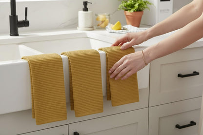 Mustard Yellow Ribbed Kitchen Dish Towels: 100% Cotton Cloth Soft Cleaning Drying Absorbent Terry Loop, Set of 3 Multipurpose for Everyday Use