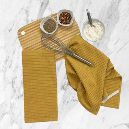 Mustard Yellow Ribbed Kitchen Dish Towels: 100% Cotton Cloth Soft Cleaning Drying Absorbent Terry Loop, Set of 3 Multipurpose for Everyday Use