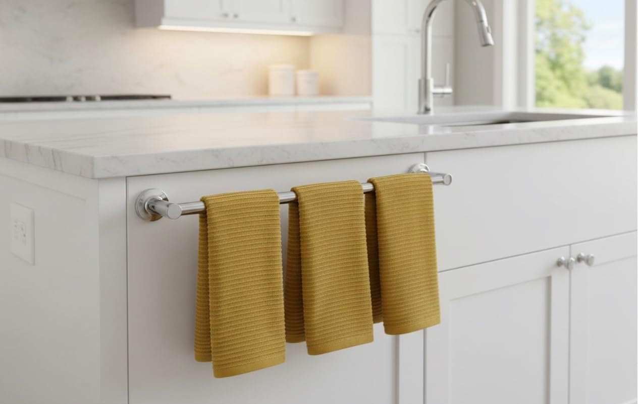 Mustard Yellow Ribbed Kitchen Dish Towels: 100% Cotton Cloth Soft Cleaning Drying Absorbent Terry Loop, Set of 3 Multipurpose for Everyday Use