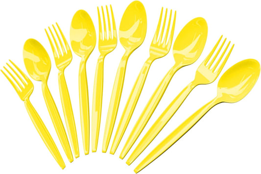 Yellow Plastic Spoon and Fork Set (50 Each) - Yellow Tableware for Parties, Lightweight Plasticware, Colored Cutleries, Plastic Utensils Set, Disposable Cutlery for Occasions