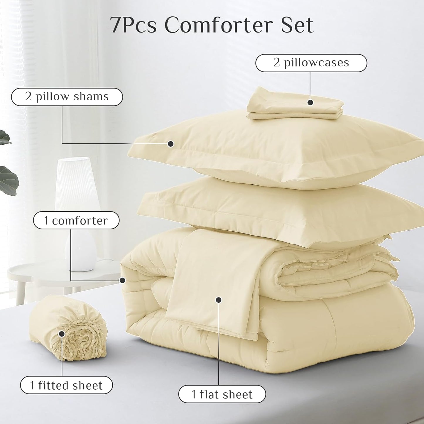 Queen Comforter Set, Ultra-Soft Bed in a Bag Queen Size 7 Pieces, Oeko-TEX Certified Bedding Set with Down Alternative Comforter, Sheets, Pillowcases & Shams, Light Yellow