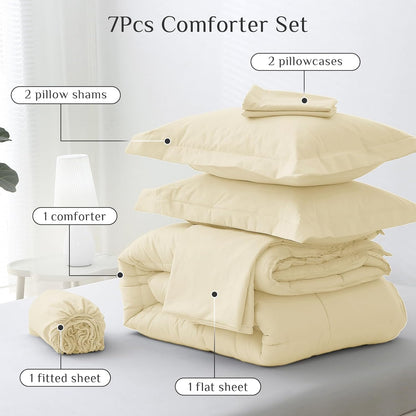 Queen Comforter Set, Ultra-Soft Bed in a Bag Queen Size 7 Pieces, Oeko-TEX Certified Bedding Set with Down Alternative Comforter, Sheets, Pillowcases & Shams, Light Yellow
