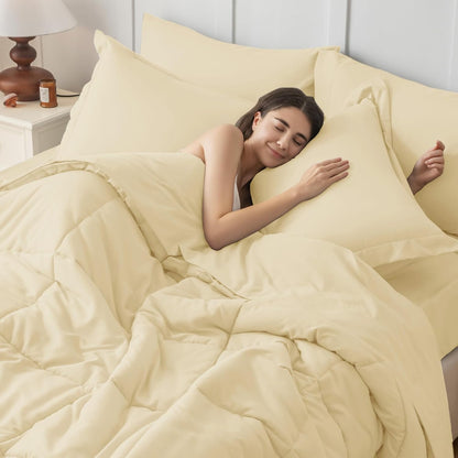 Queen Comforter Set, Ultra-Soft Bed in a Bag Queen Size 7 Pieces, Oeko-TEX Certified Bedding Set with Down Alternative Comforter, Sheets, Pillowcases & Shams, Light Yellow