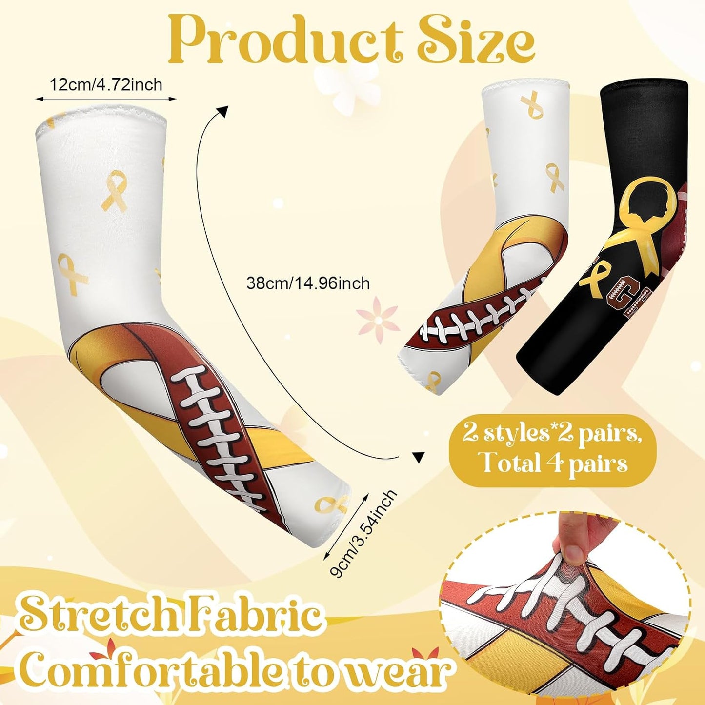 4 Pairs Childhood Cancer Awareness Arm Sleeve Football Yellow Gold Ribbon Stretchable Sleeves September Accessories Items for Women Men Team Gifts