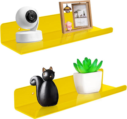 2-Pack Small Acrylic Shelves Wall Mounted, 12 in Display Shelves | for Small Items, Plants, Room Decor Floating Wall Shelves for Gaming Room, Bedroom, Living Room, Office, Yellow