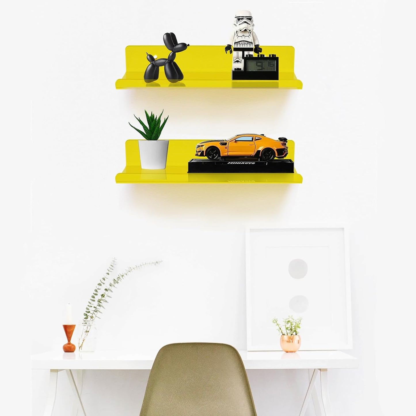2-Pack Small Acrylic Shelves Wall Mounted, 12 in Display Shelves | for Small Items, Plants, Room Decor Floating Wall Shelves for Gaming Room, Bedroom, Living Room, Office, Yellow