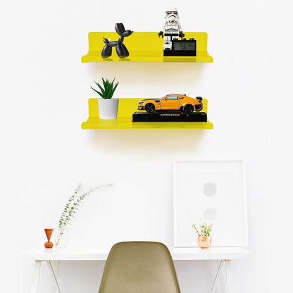 2-Pack Small Acrylic Shelves Wall Mounted, 12 in Display Shelves | for Small Items, Plants, Room Decor Floating Wall Shelves for Gaming Room, Bedroom, Living Room, Office, Yellow