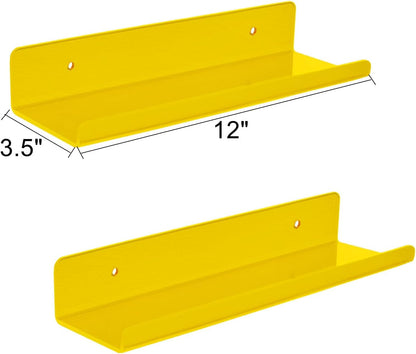 2-Pack Small Acrylic Shelves Wall Mounted, 12 in Display Shelves | for Small Items, Plants, Room Decor Floating Wall Shelves for Gaming Room, Bedroom, Living Room, Office, Yellow