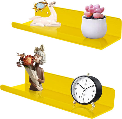 2-Pack Small Acrylic Shelves Wall Mounted, 12 in Display Shelves | for Small Items, Plants, Room Decor Floating Wall Shelves for Gaming Room, Bedroom, Living Room, Office, Yellow