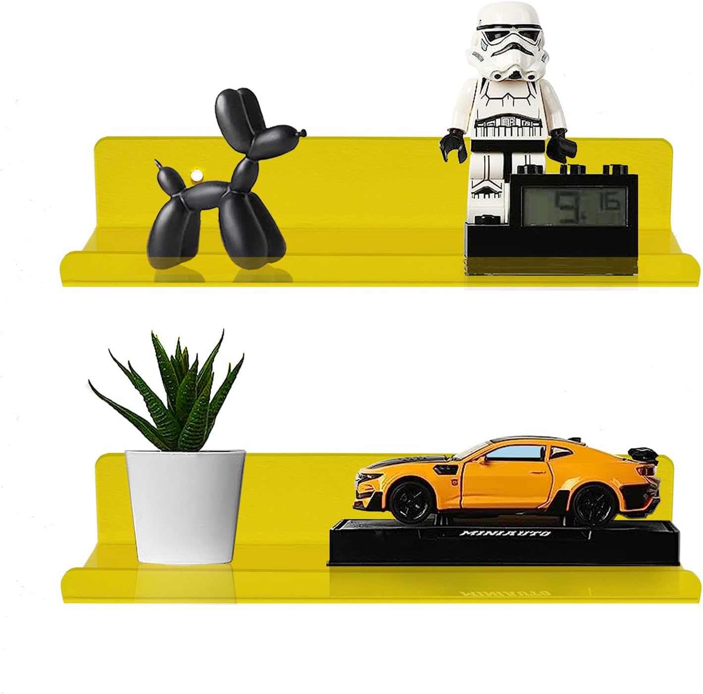 2-Pack Small Acrylic Shelves Wall Mounted, 12 in Display Shelves | for Small Items, Plants, Room Decor Floating Wall Shelves for Gaming Room, Bedroom, Living Room, Office, Yellow