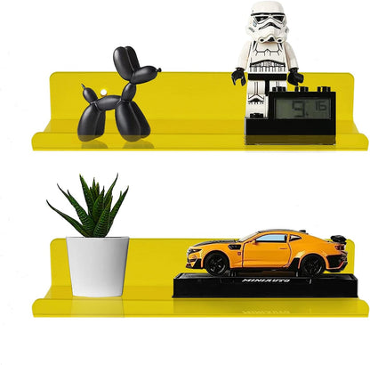 2-Pack Small Acrylic Shelves Wall Mounted, 12 in Display Shelves | for Small Items, Plants, Room Decor Floating Wall Shelves for Gaming Room, Bedroom, Living Room, Office, Yellow
